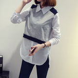 2016秋装新款韩版衬衫拼接娃娃领上衣修身显瘦气质假两件衬衣女
