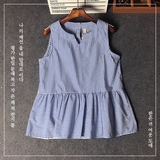 韩国东大门夏季新款时尚无袖背心v领后背纽扣蓝条纹女娃娃衫上衣