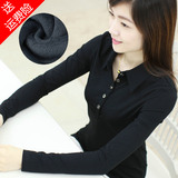 优品冬季新款带领打底衫女加绒加厚大码纯色长袖T恤韩版职业衬衫