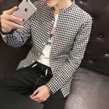 2016秋季新款韩版休闲学院风格子立领长袖衬衫男潮长袖衬衣外套潮