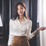 衬衣女打底衫2016女装韩版修身显瘦外穿韩范简约立领长袖白色衬衫
