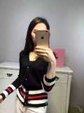 2016新款韩版黑白色修身条纹V领时尚开衫 女薄 长袖 包邮