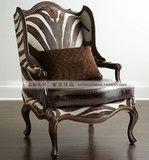 美式乡村实木单人沙发欧式法式斑马纹个性皮艺老虎椅休闲形象椅