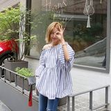 韩国正品代购女装衬衫2016夏新款显廋半袖衬衣一字领气质条纹上衣