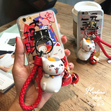新年招财猫挂绳指环扣苹果iphone5S/6s/6plus手机壳夏目猫咪老师