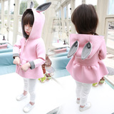 外贸童装韩版女童呢子外套纯色立体兔子外套荷叶边女宝宝兔耳朵