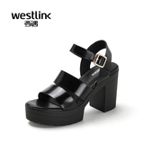 Westlink/西遇2016夏季新款 真皮露趾厚底防水台高跟鞋粗跟女凉鞋
