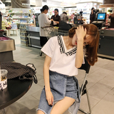 韩版2016夏季新款宽松V领拼接短袖T恤女学生 韩国百搭显瘦上衣潮