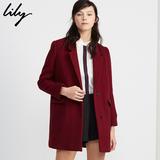 Lily2015冬专柜新款女装枣红纯色单排扣简约毛呢大衣115490F1625