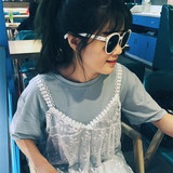 春季女装韩国甜美学院风纯色女T恤吊带透视镂空蕾丝连衣裙两件套