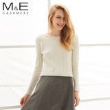 M＆E秋冬新款100%纯山羊绒衫女一字领修身短款打底白色毛衣套衫
