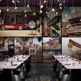 欧美复古怀旧汽车咖啡店西餐厅背景墙纸照片墙主题壁纸老爷车壁画