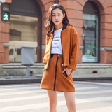 2016秋季新款韩版修身立领麂皮外套拉链半身裙套装时尚两件套女潮