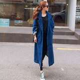 2016春装款韩国代购正品超长款牛仔外套女深蓝色加厚简约大牌大衣