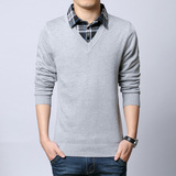 秋款韩版修身简约男士衬衫领假两件毛衣青少年商务学生V领针织衫