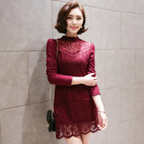 2016春款新款韩版蕾丝连衣裙女大码修身中长款长袖打底衫
