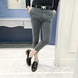 夏季韩版青年修身型小腿9八分小西裤 发型师紧身条纹8九分休闲裤
