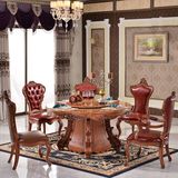欧式大理石餐桌 美式实木圆桌 仿古橡木带转盘餐厅一桌六椅组合