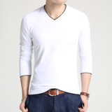 韩版  秋季新款潮流青年男装修身V领长袖t恤休闲男士纯色打底衫潮