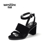 Westlink西遇女鞋2016夏季新款凉鞋女黑色欧美羊猄一字带粗跟高跟
