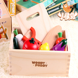 woodypuddy木质蔬菜磁性切切看木盒装布袋水果切切乐木制厨房玩具