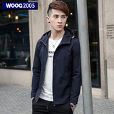 WOOG2005男士韩版修身夹克衫2016秋季薄款夹克蓝色连帽外套男青年
