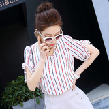 韩版夏季2016新款短袖条纹拼接撞色雪纺衫女显瘦气质宽松大码上衣