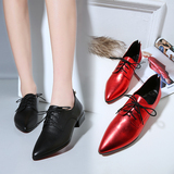 尖头单鞋女2016年春秋新款系带水钻粗跟真皮中跟复古红色小皮鞋