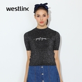 Westlink/西遇2016春季新款 闪耀银丝字母半高领套头短袖女T恤