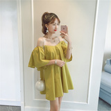 夏季新款韩版女露肩吊带一字领连衣裙纯色宽松大摆型显瘦短裙B311