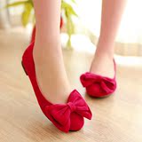 春季新款蝴蝶结平底鞋 红色结婚鞋平跟新娘鞋 可爱单鞋上班鞋 女