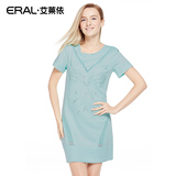 艾莱依2016春装新款纯色圆领短袖镂空A字裙连衣裙ERAL36057-EXAC