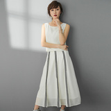2016夏新款时尚欧根纱连衣裙两件套装白色背心+A型条纹半身裙长裙