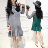 玛雅精品春装新款女装2016韩版套装长袖条纹针织打底衫背心连衣裙