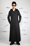 韩版潮男发型师超长款外套开衫另类哥特式长袖麻料风衣修身开衫黑