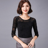 韩版女装 2016春季新款黑色性感网纱拼接圆领长袖蕾丝打底衫T恤