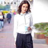 ibudu2016秋装新品OL风黑白撞色翻领长袖白衬衫衬衣女E631017C00