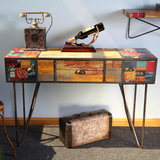 实木loft工业风电脑桌斗柜复古彩色铁艺书桌 美式办公桌简约家具