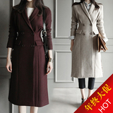 韩国代购2015年冬季新款收腰长款开叉双排扣呢子外套毛呢大衣女