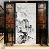中国风客厅沙发竖幅墙纸 松树水墨山水名画 无缝整幅壁纸墙布壁布