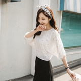 2016夏季新款韩国蝙蝠袖上衣显瘦宽松女士圆领波点时尚雪纺衫女潮