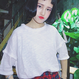 韩国衣馆 夏装女装简约纯色拼接流苏宽松蝙蝠袖短袖T恤女学生上衣