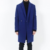 2015冬季韩国代购男装韩版修身毛呢大衣男士长款宝蓝色羊绒外套潮