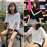 韩版2016夏季女装新款学院风V领竹节棉短袖棉T恤宽松圆领套头上衣