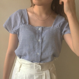 2016夏季新款韩版方领短袖单排扣短款休闲女装条纹衬衫衬衣上衣潮