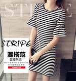 韩国夏季新款大码女装百搭修身显瘦条纹连衣裙喇叭袖A字裙