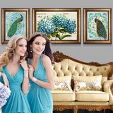 热卖蓝孔雀简欧客厅装饰画欧式玄关壁画沙发背景墙三幅大组合美式