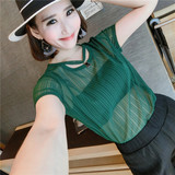 2016夏季女装韩版修身短袖圆领镂空网纱透视上衣+短款裹胸两件套