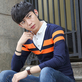 2016秋季韩版修身潮假两件衬衫领长袖T恤青年男装打底衫薄款体恤