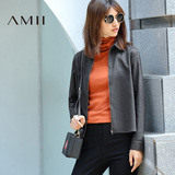 Amii[极简主义] 2016秋季新款纯色百搭翻领拉链直筒长袖短外套女